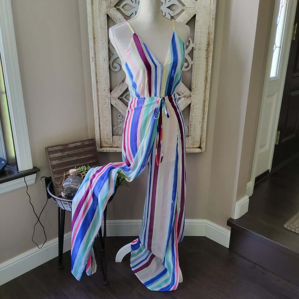 Latiste Colorful Stripe Halter Slit Pant Jumpsuit w/ Shorts Small NWT